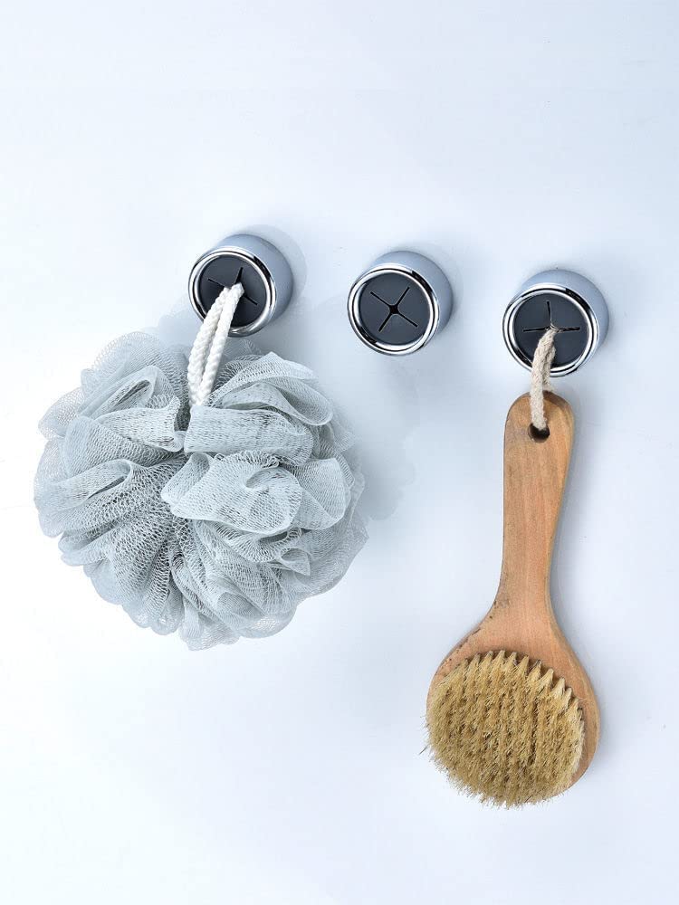 Three self-adhesive round towel hooks in chrome finish, designed for kitchen and bathroom use, showcasing their sleek and modern design.