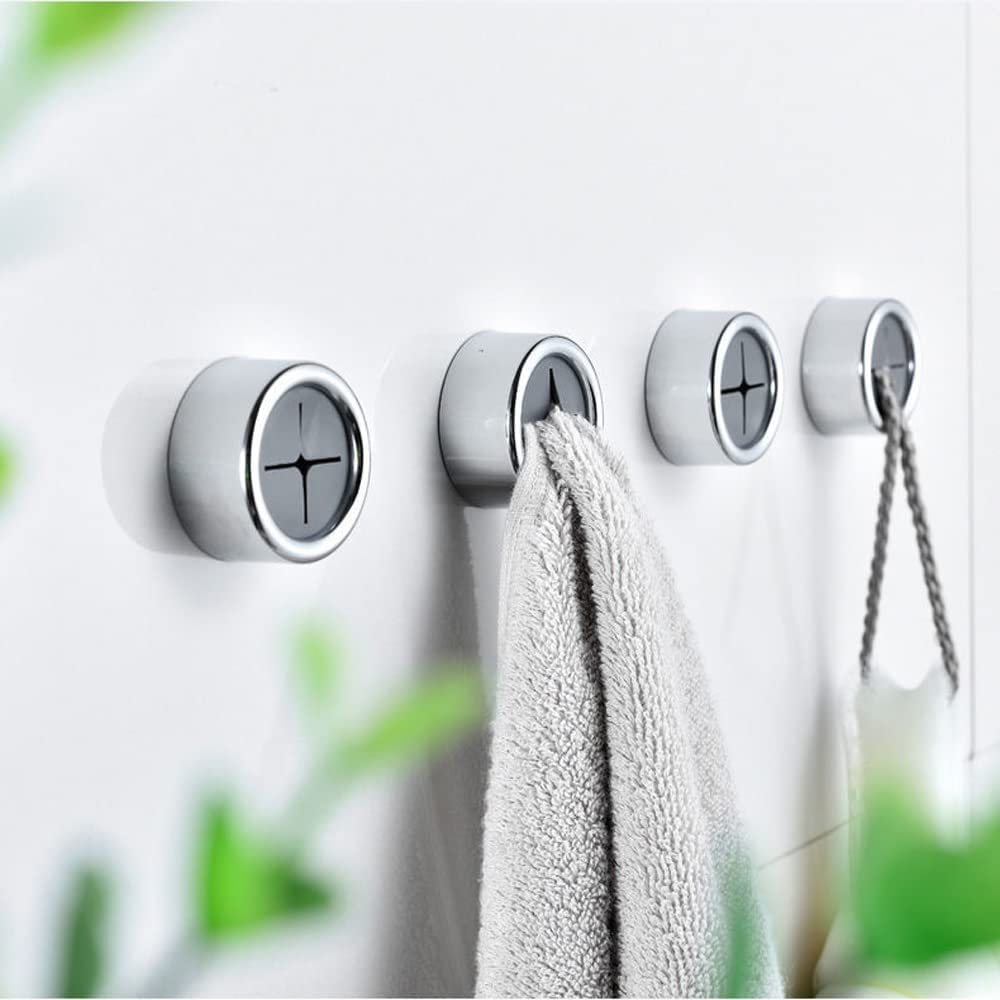 Three self-adhesive round towel hooks in chrome finish, designed for kitchen and bathroom use, showcasing their sleek and modern design.