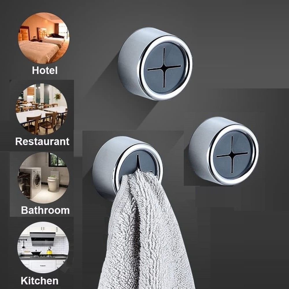 Three self-adhesive round towel hooks in chrome finish, designed for kitchen and bathroom use, showcasing their sleek and modern design.