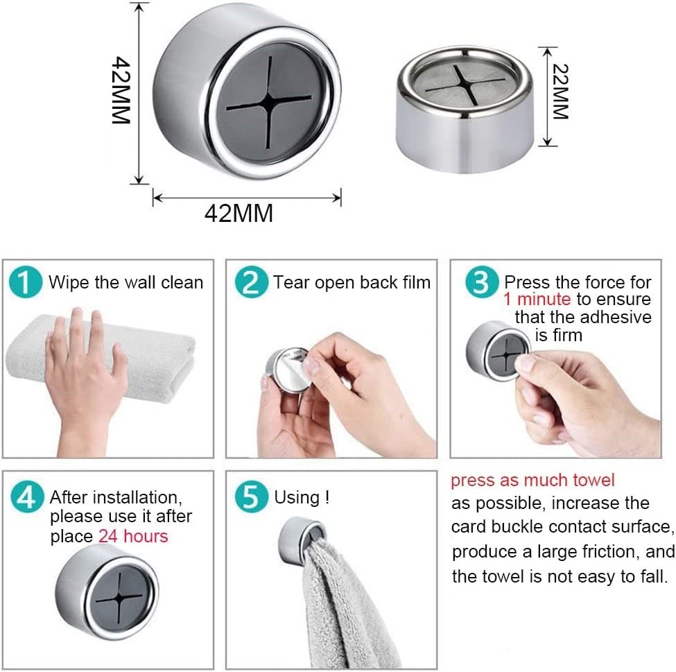 Three self-adhesive round towel hooks in chrome finish, designed for kitchen and bathroom use, showcasing their sleek and modern design.