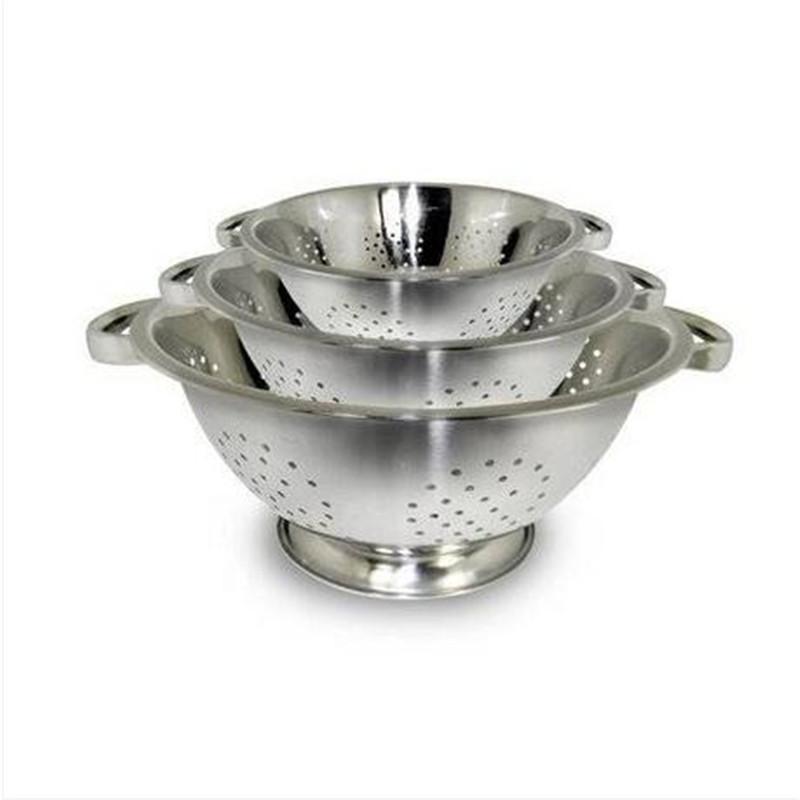 Three lightweight stainless steel colanders in varying sizes, showcasing their sturdy base and oversized handles, ideal for kitchen use.