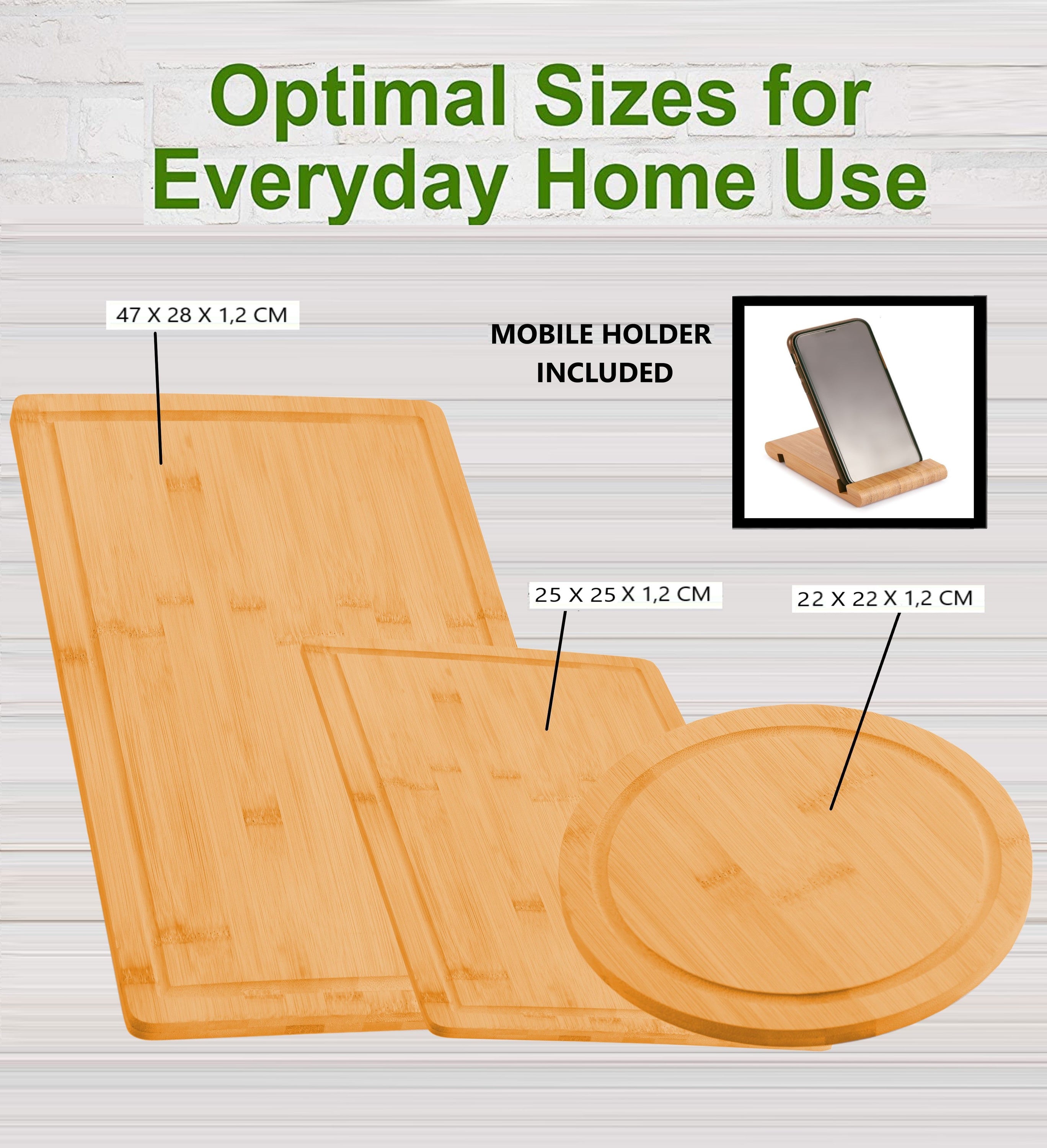 3 pieces bamboo cutting board set with juice groove and mobile holder, showcasing different sizes and a stylish design.