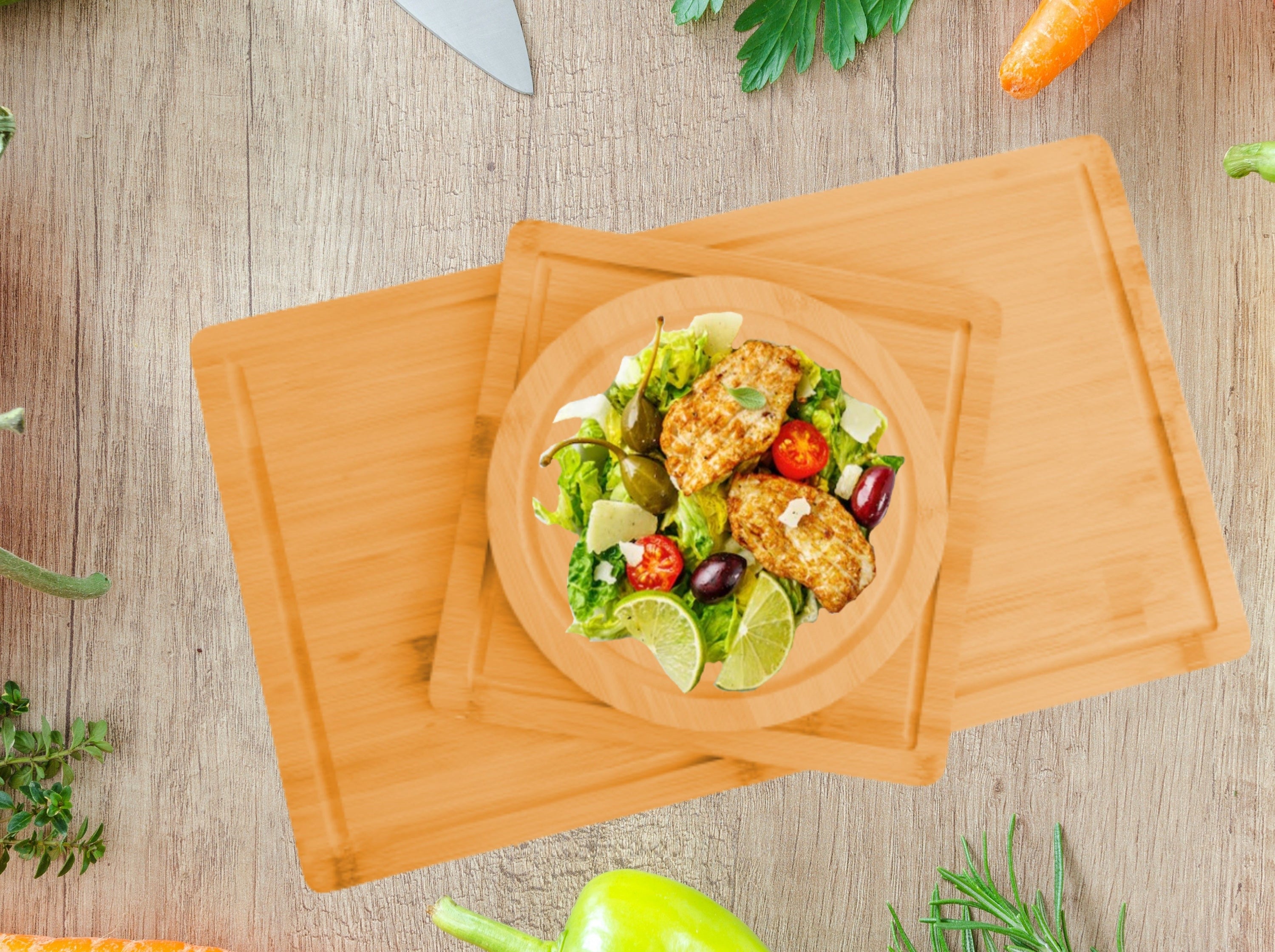 3 pieces bamboo cutting board set with juice groove and mobile holder, showcasing different sizes and a stylish design.