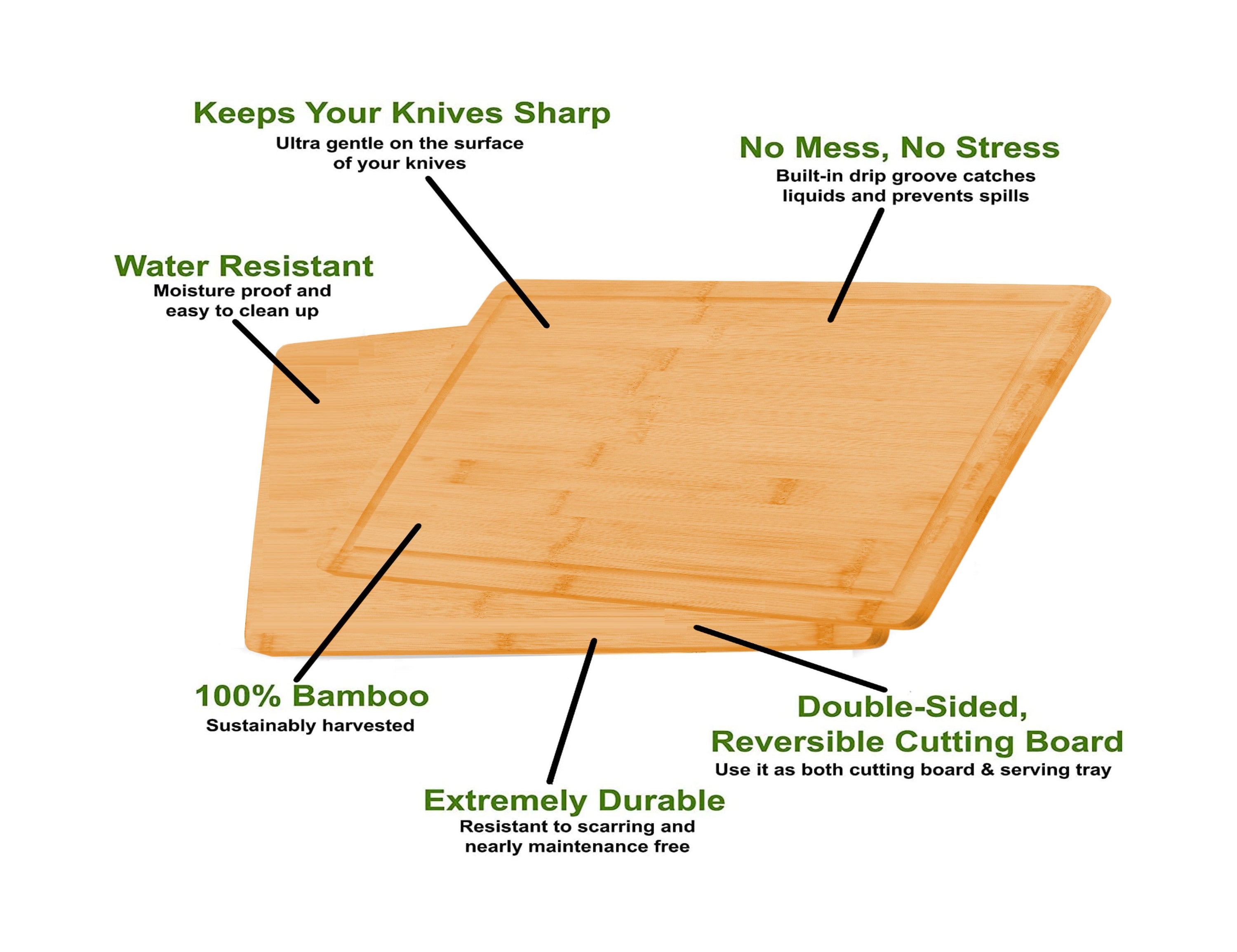 3 pieces bamboo cutting board set with juice groove and mobile holder, showcasing different sizes and a stylish design.