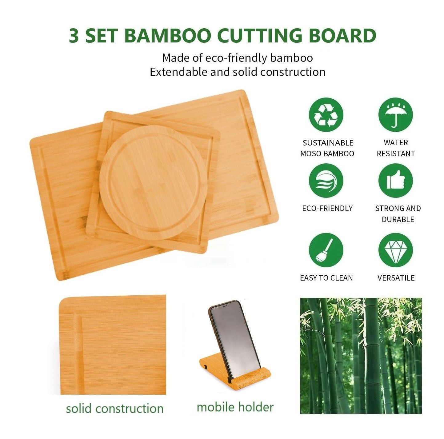 3 pieces bamboo cutting board set with juice groove and mobile holder, showcasing different sizes and a stylish design.