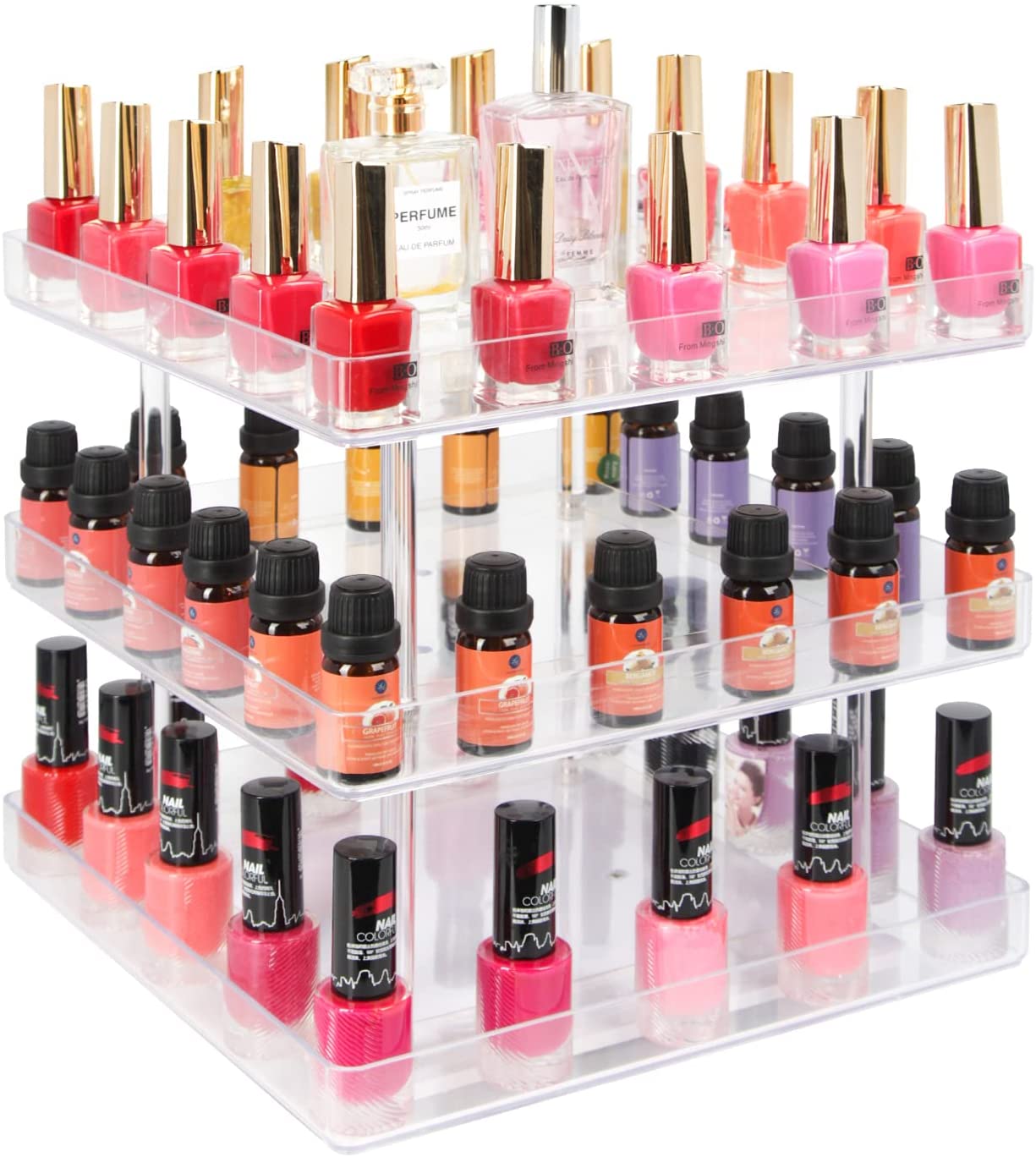 3 Tier 360 Rotating Display Rack Organizer Stand showcasing clear nail polish bottles with an acrylic guard for protection.