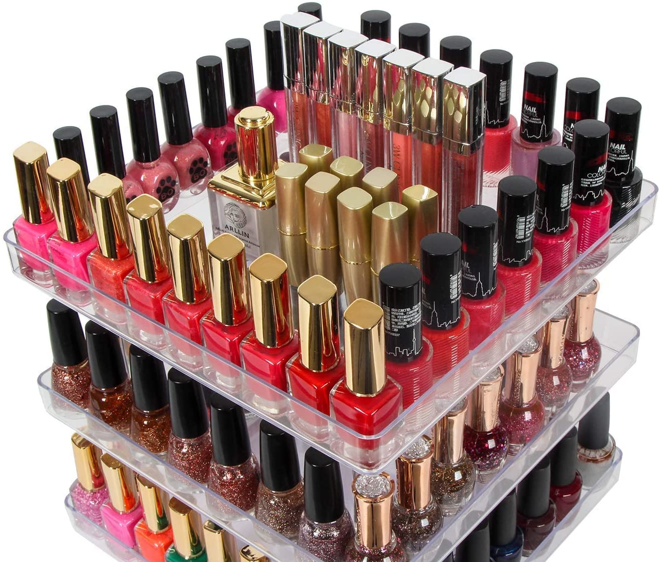 3 Tier 360 Rotating Display Rack Organizer Stand showcasing clear nail polish bottles with an acrylic guard for protection.