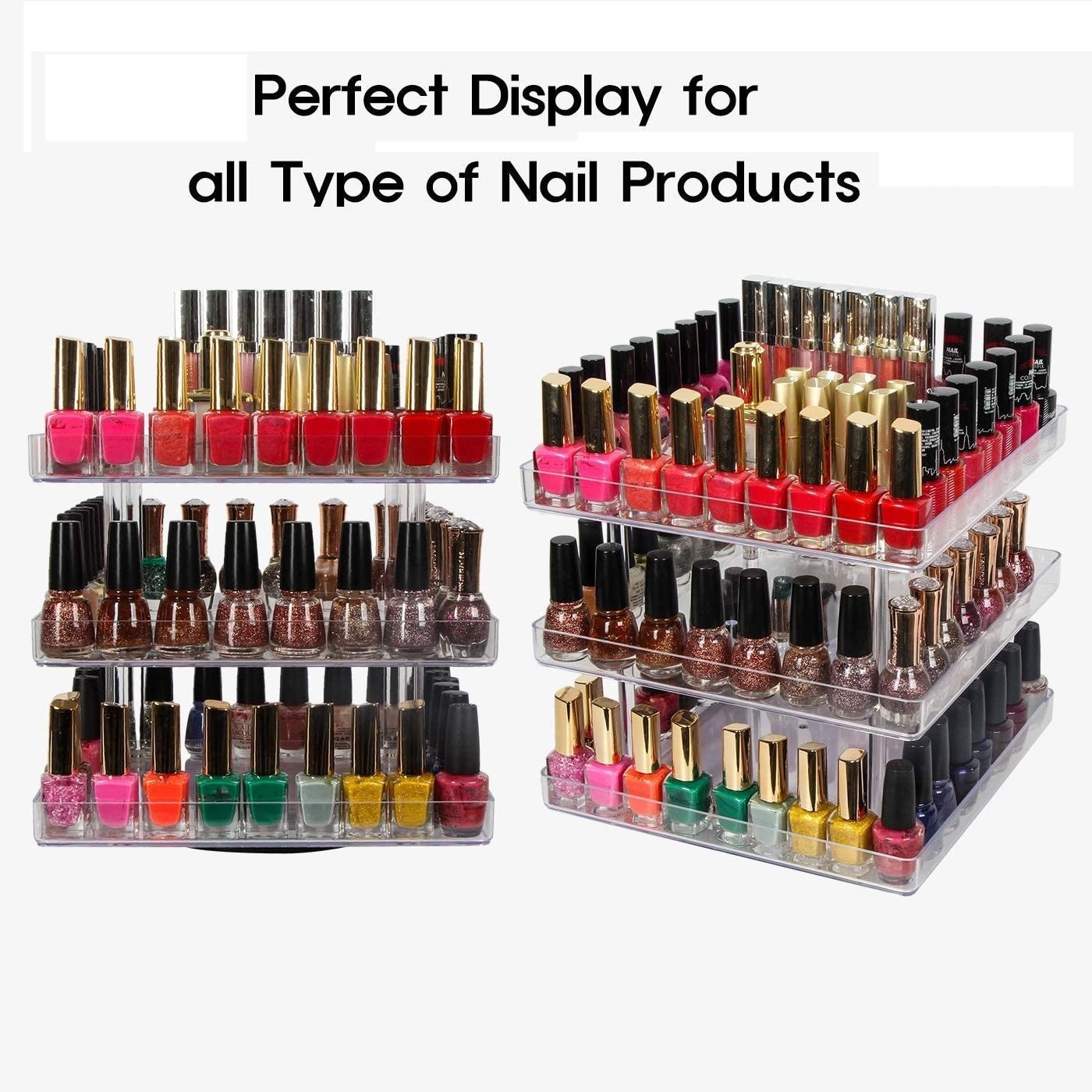 3 Tier 360 Rotating Display Rack Organizer Stand showcasing clear nail polish bottles with an acrylic guard for protection.