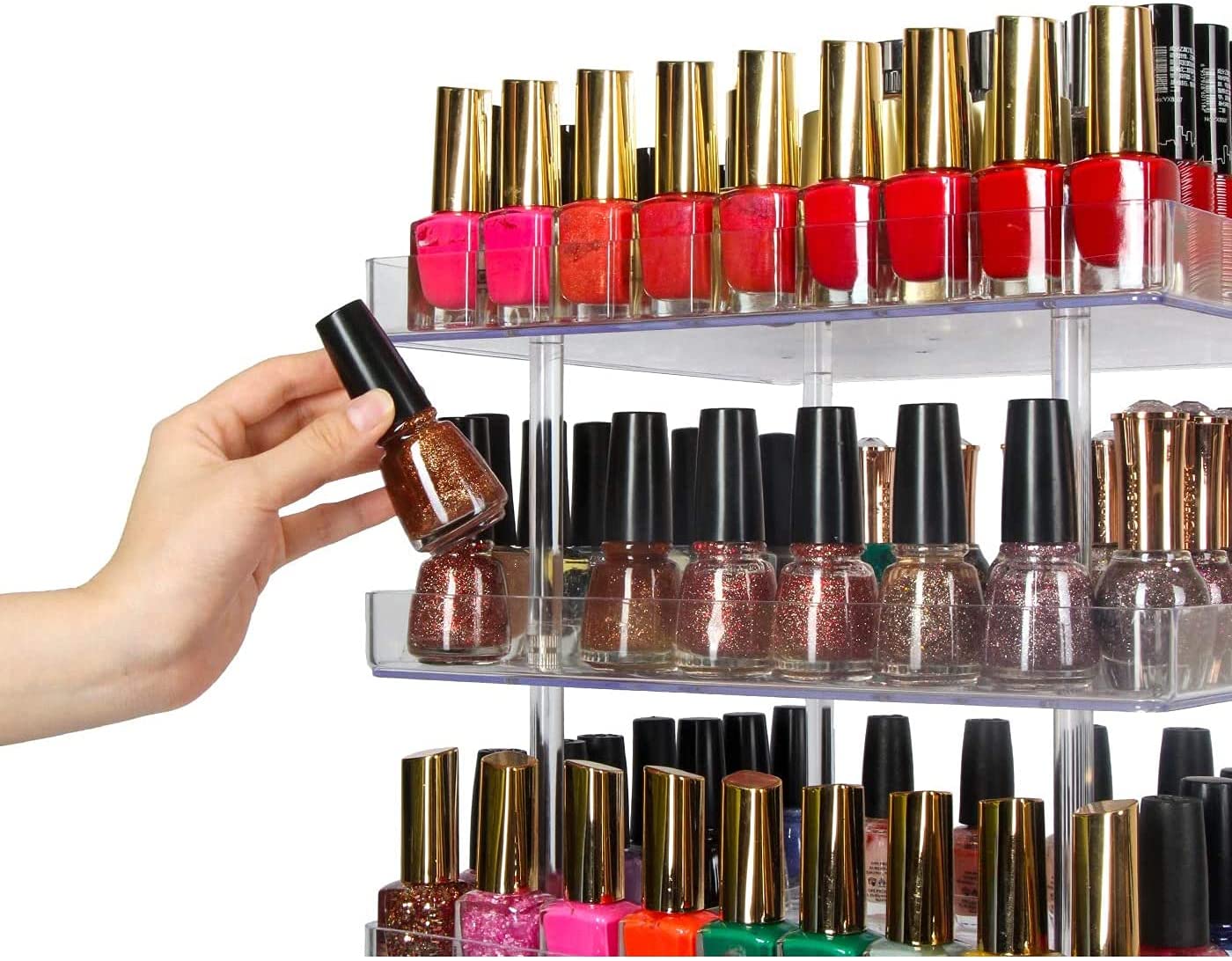 3 Tier 360 Rotating Display Rack Organizer Stand showcasing clear nail polish bottles with an acrylic guard for protection.