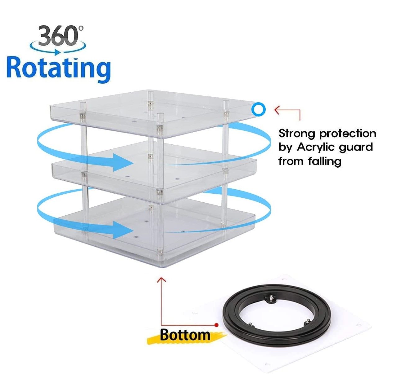 3 Tier 360 Rotating Display Rack Organizer Stand showcasing clear nail polish bottles with an acrylic guard for protection.