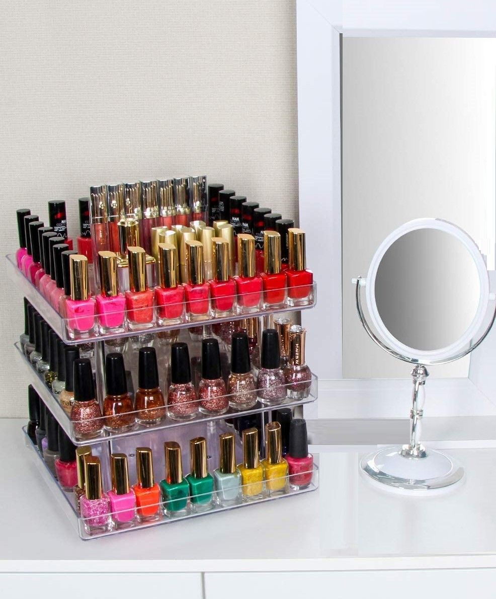 3 Tier 360 Rotating Display Rack Organizer Stand showcasing clear nail polish bottles with an acrylic guard for protection.