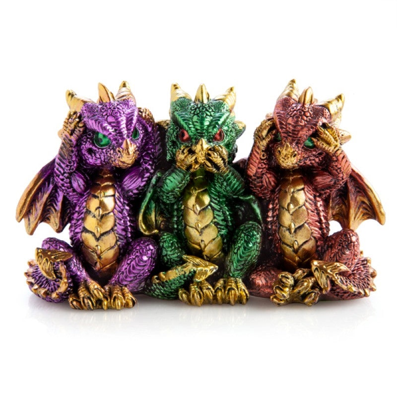 Three colorful baby dragons representing the 3 Wise Monkeys, painted in vibrant metallic colors with gold accents.