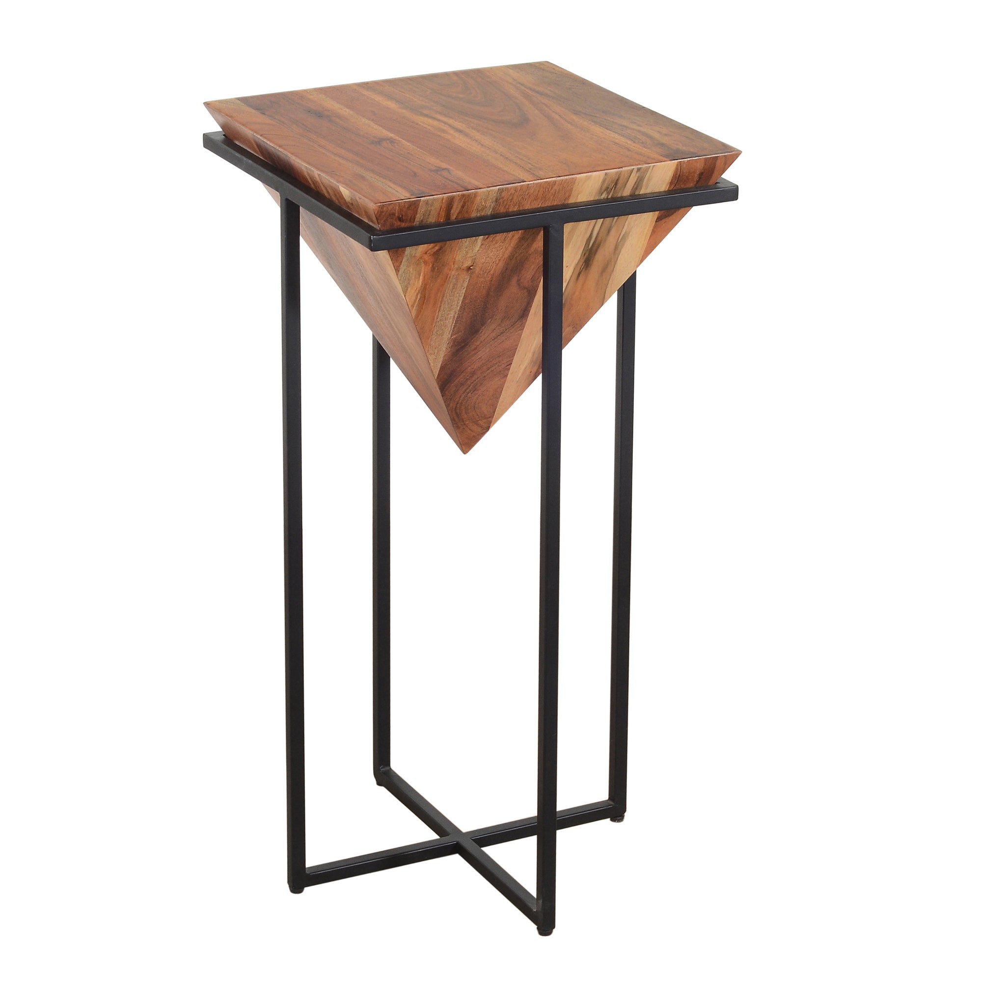 30 Inch Pyramid Shape Wooden Side Table with Cross Metal Base in brown, showcasing its unique design and sturdy construction.