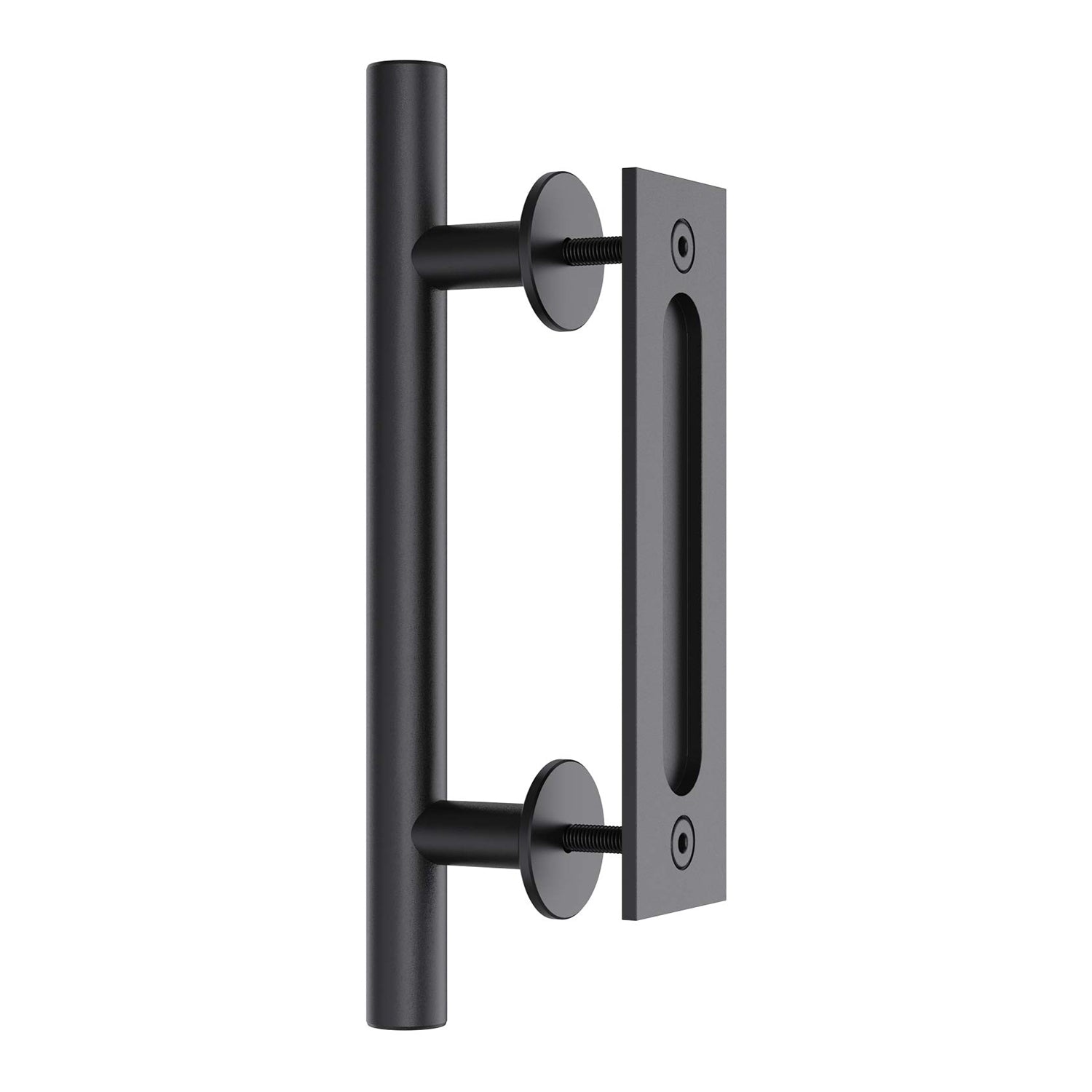 30cm Pull and Flush Barn Door Handle set in matte black finish, showcasing finger pull and pull handle with screws.