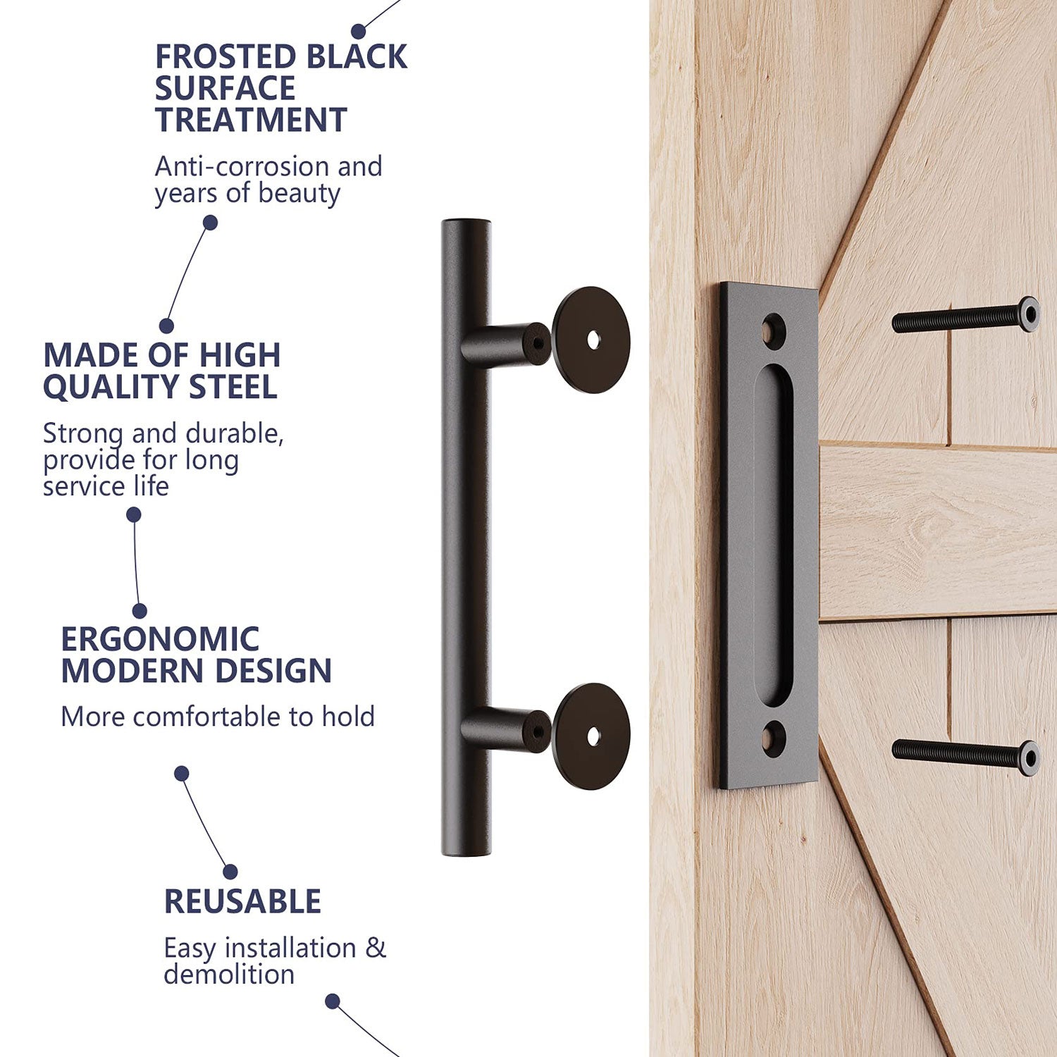 30cm Pull and Flush Barn Door Handle set in matte black finish, showcasing finger pull and pull handle with screws.