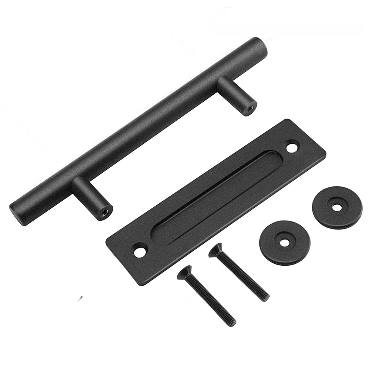 30cm Pull and Flush Barn Door Handle set in matte black finish, showcasing finger pull and pull handle with screws.