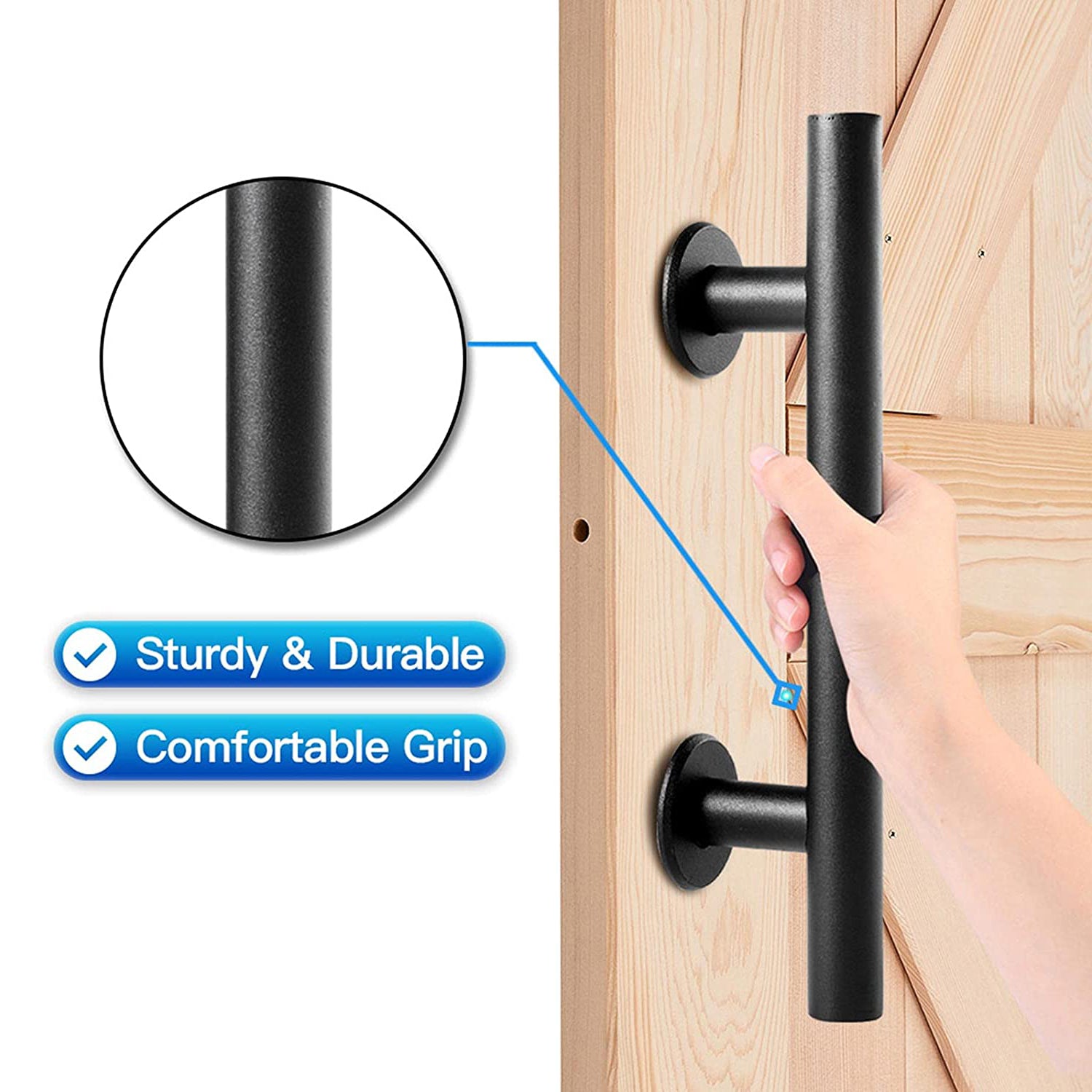 30cm Pull and Flush Barn Door Handle set in matte black finish, showcasing finger pull and pull handle with screws.