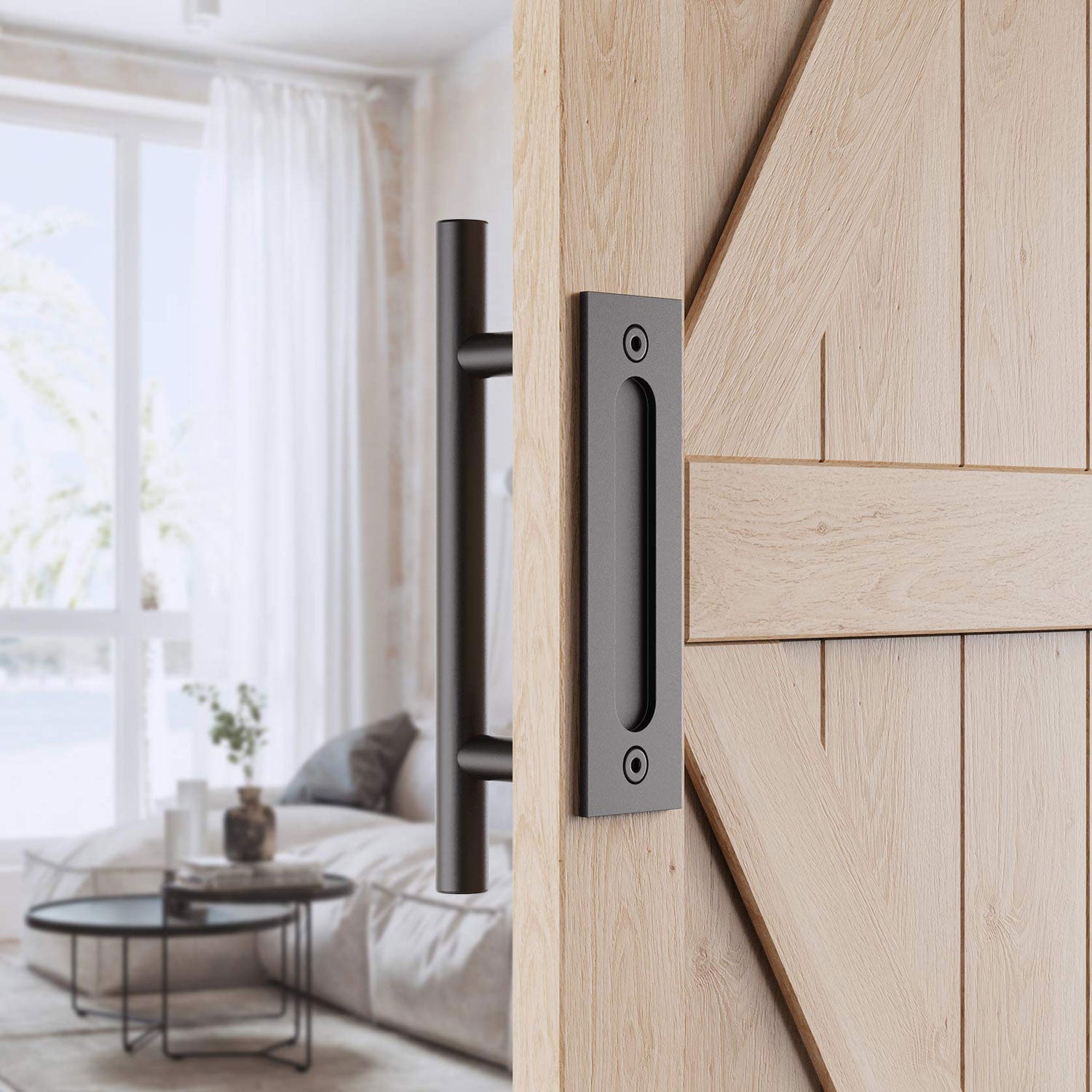 30cm Pull and Flush Barn Door Handle set in matte black finish, showcasing finger pull and pull handle with screws.