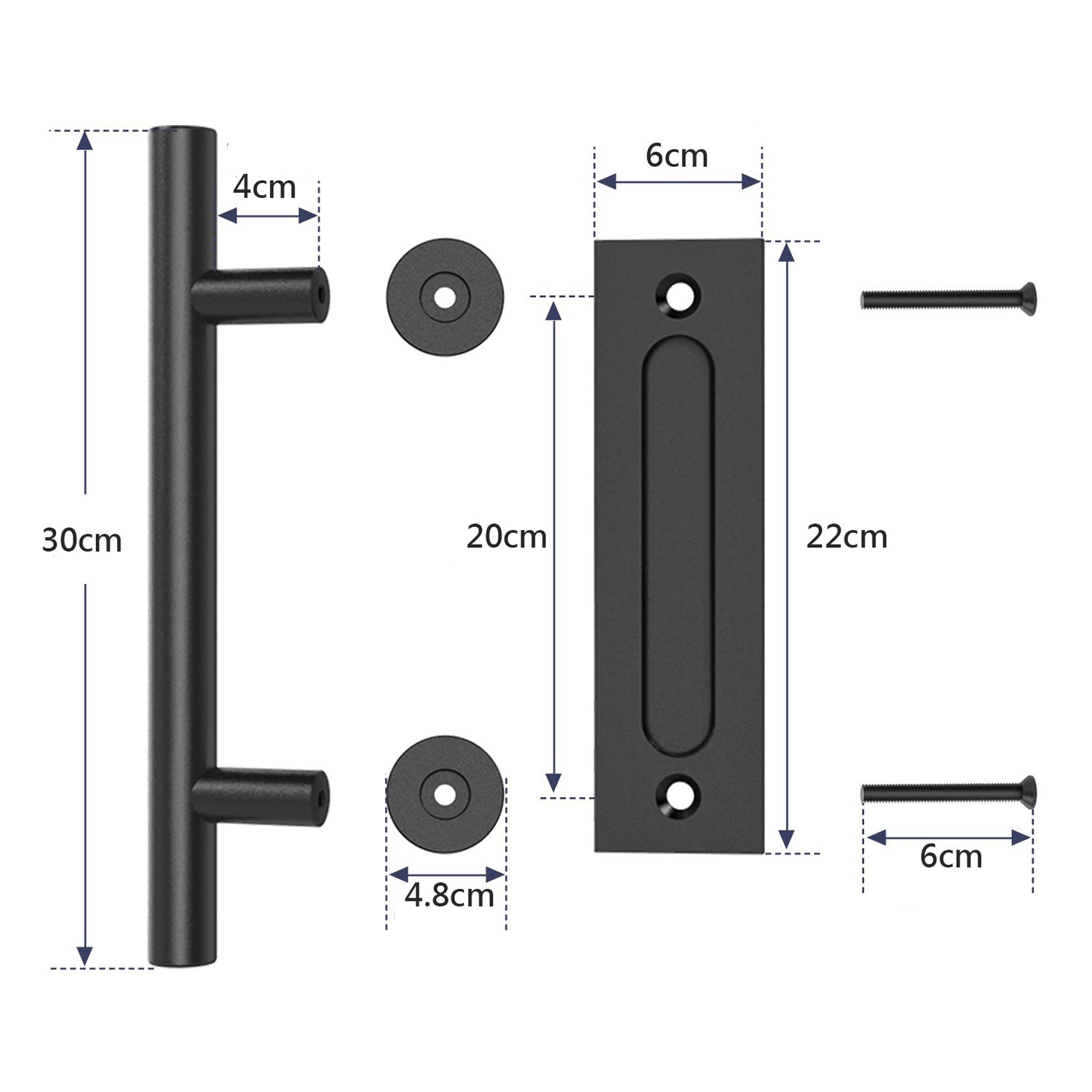 30cm Pull and Flush Barn Door Handle set in matte black finish, showcasing finger pull and pull handle with screws.