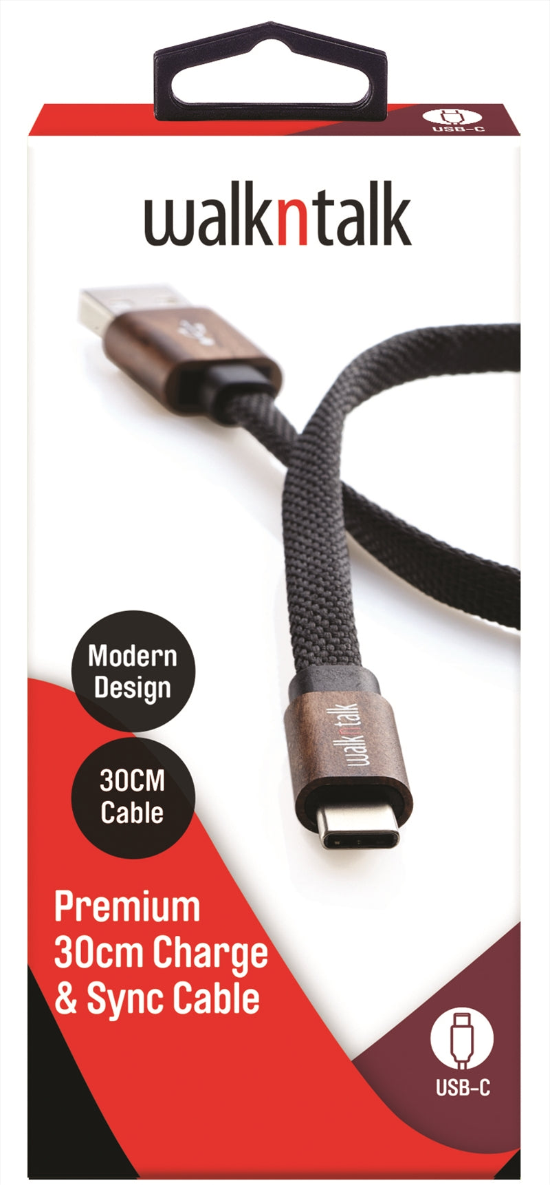 A 30cm USB-C cable with a braided design, showcasing its durability and reinforced connection points, ideal for charging and data transfer.