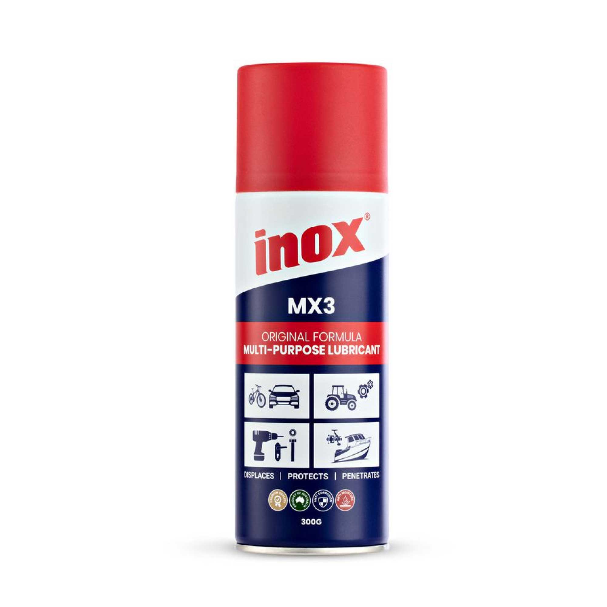 300g Inox MX3 Lubricant Spray bottle showcasing its sleek design and label, ideal for anti-rust and lubrication applications.