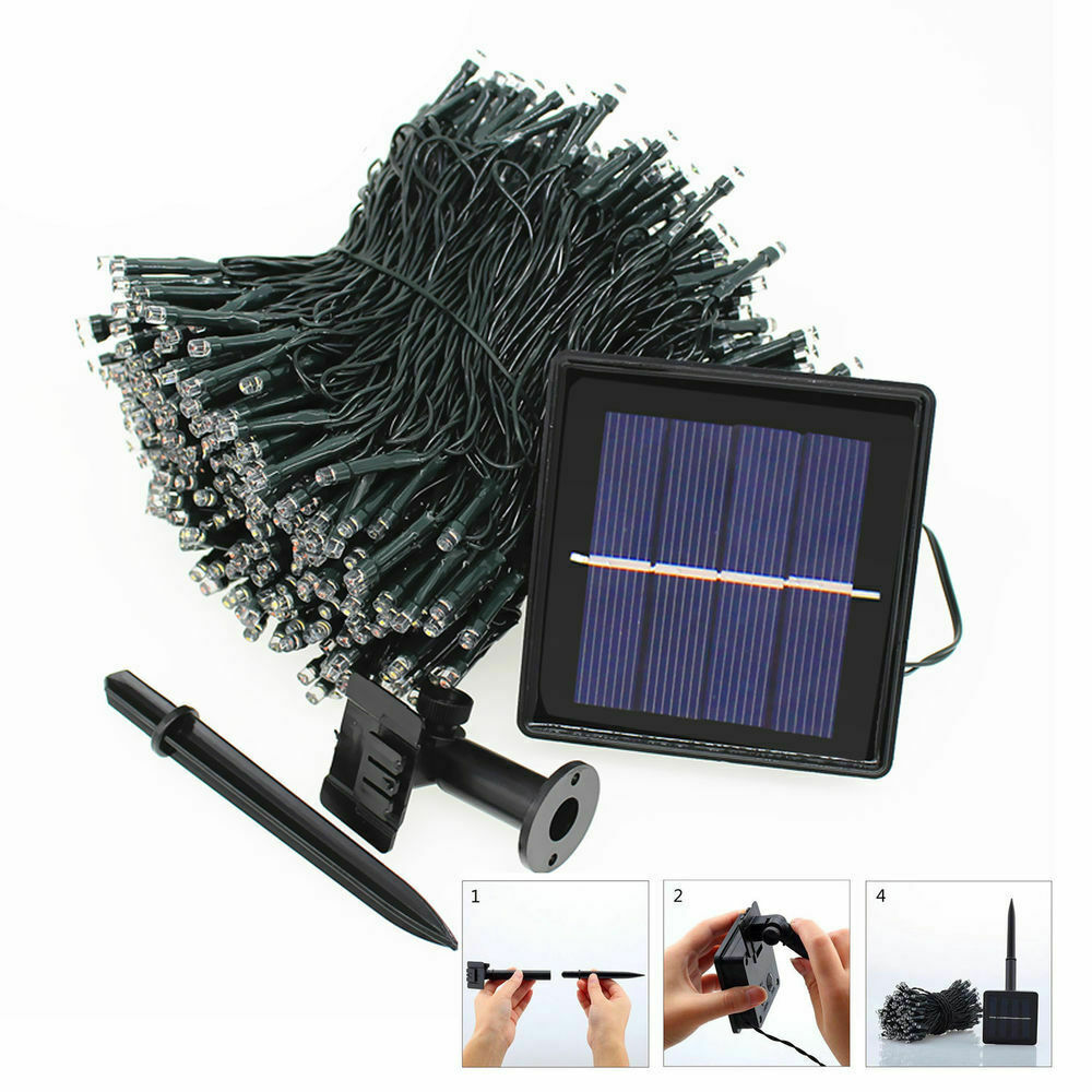 30M 300LED solar powered fairy lights with warm white glow, perfect for outdoor decoration in gardens and patios.