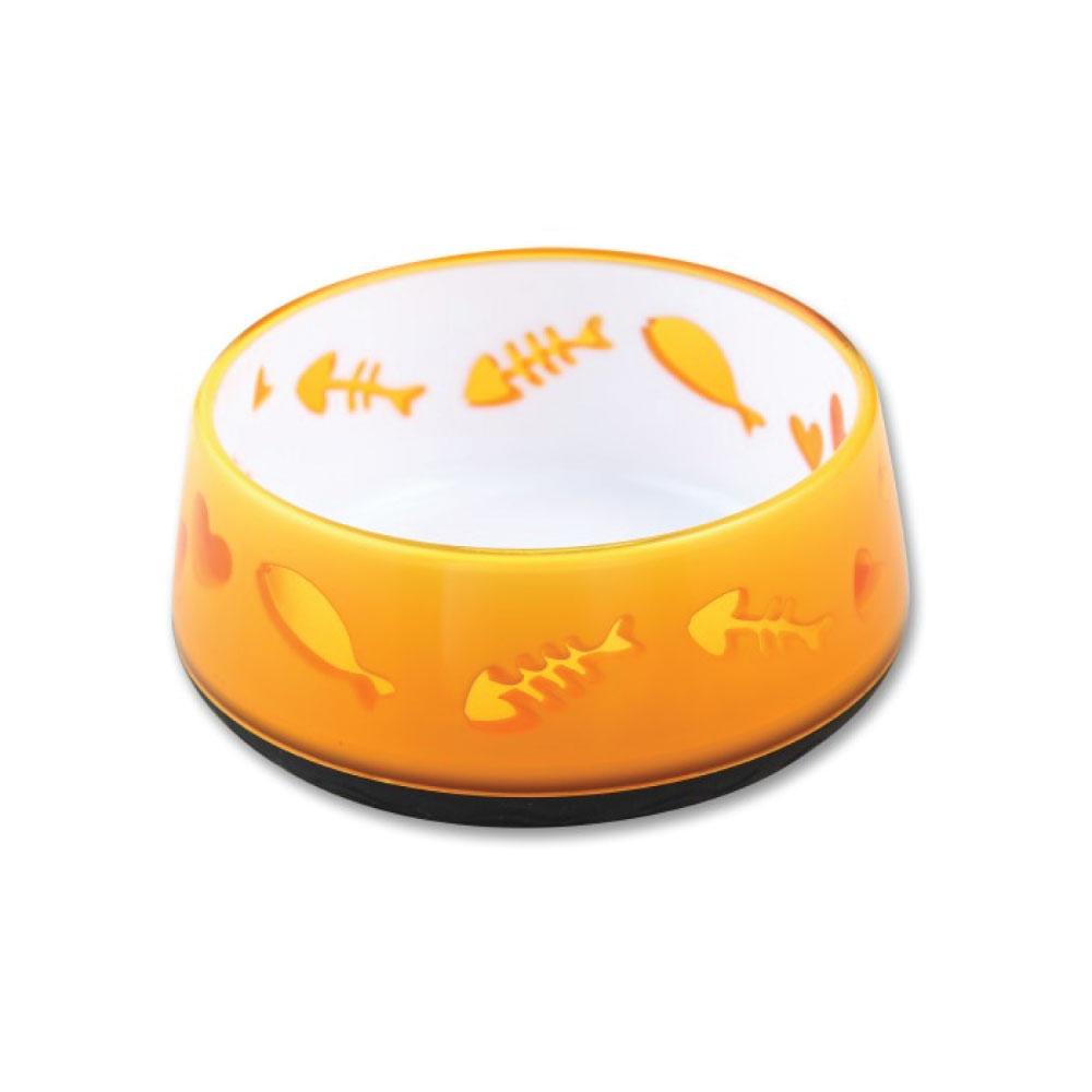 300ml orange cat bowl with fish and heart cut-outs, designed for feeding and watering pets.