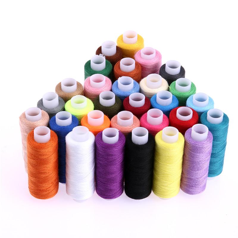 A colorful assortment of 30 rolls of 250 yard polyester sewing threads, displayed in a neat arrangement, showcasing vibrant colors for various sewing projects.