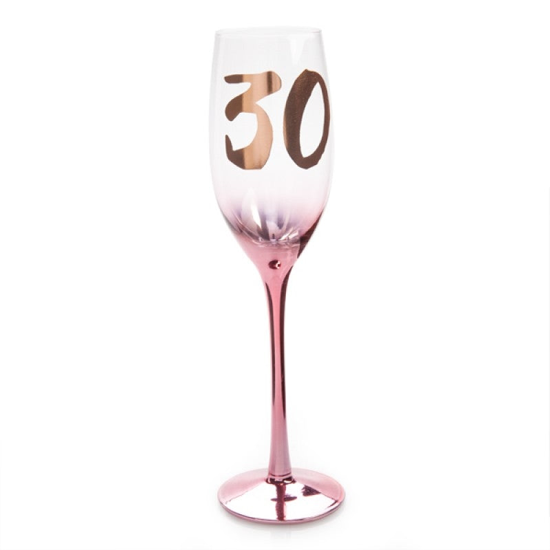 30th Birthday Blush Campagne Flute with metallic rose gold design and cursive number decal.