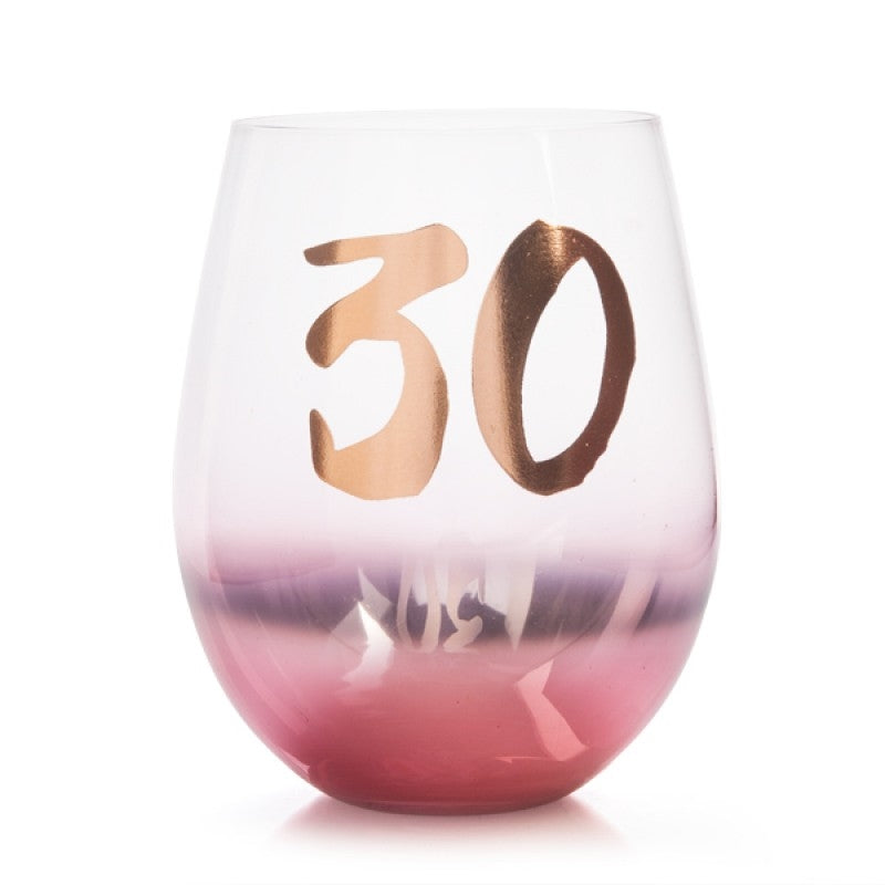 30th Birthday Blush Stemless Glass with metallic rose gold bottom and cursive '30' decal.