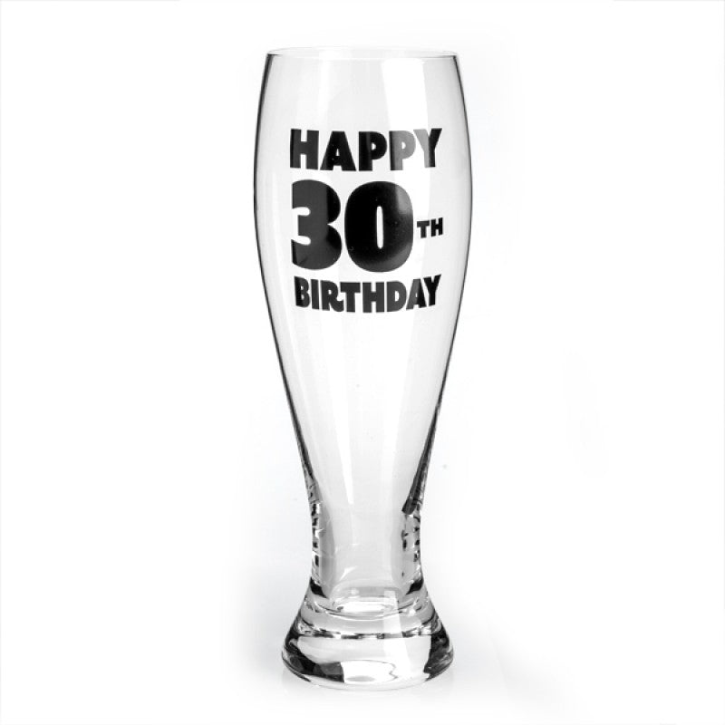 Hand blown pilsner glass with 'Happy 30th Birthday' black decal, perfect for beer.