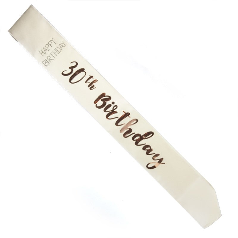 Elegant white silk sash with rose gold lettering for 30th birthday, adorned with sparkling diamantes.