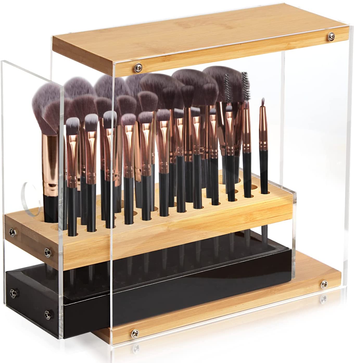 A stylish 31 holes acrylic bamboo brush holder organizer with a leather drawer, designed for beauty cosmetic display.