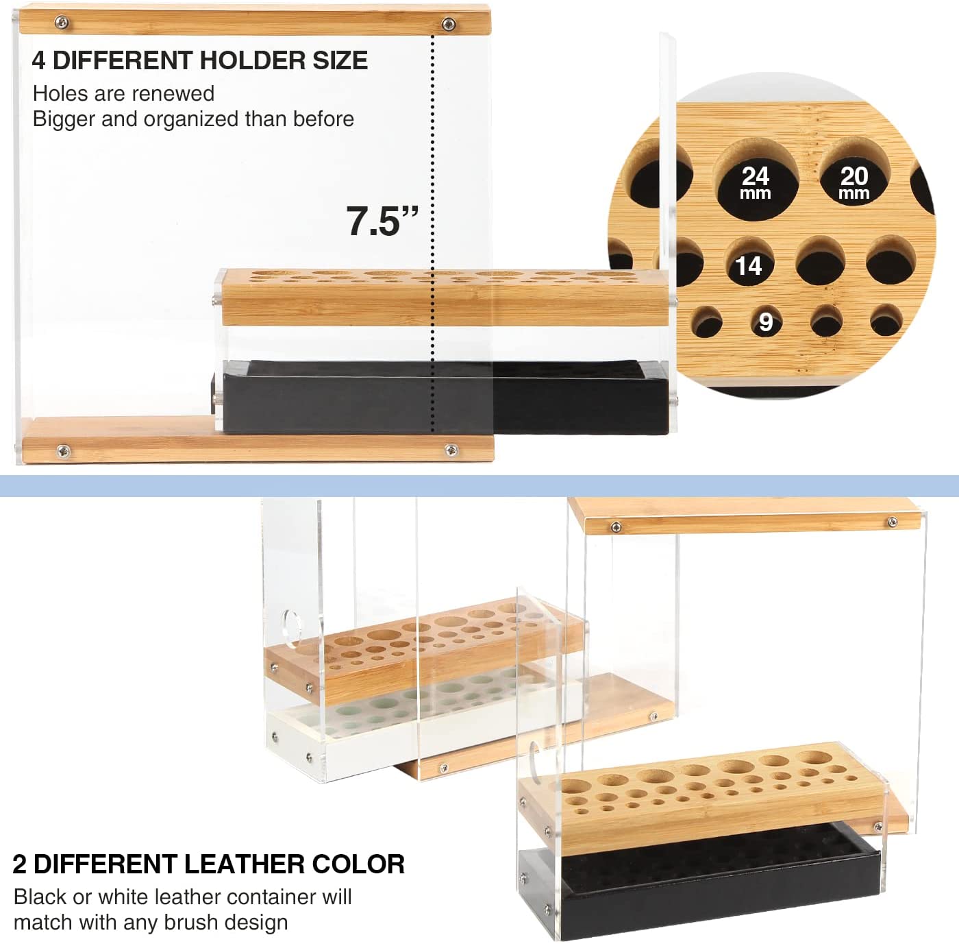 A stylish 31 holes acrylic bamboo brush holder organizer with a leather drawer, designed for beauty cosmetic display.