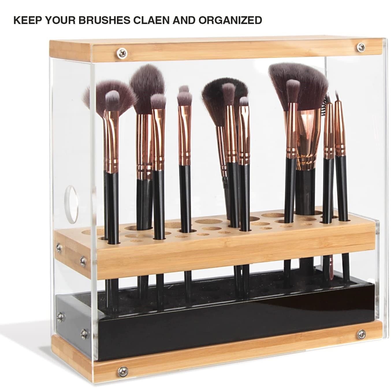 A stylish 31 holes acrylic bamboo brush holder organizer with a leather drawer, designed for beauty cosmetic display.