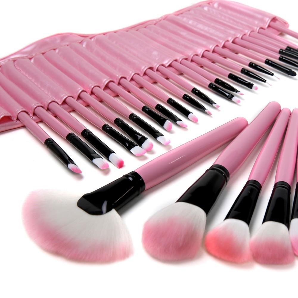 32 PCS Pink Wool Makeup Brushes Set displayed in a stylish PU leather case, showcasing various brush types and sizes.