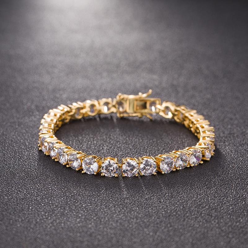 Men's iced out tennis bracelet featuring cubic zirconia stones and 18k gold silver plating, showcasing a stylish hip hop design.