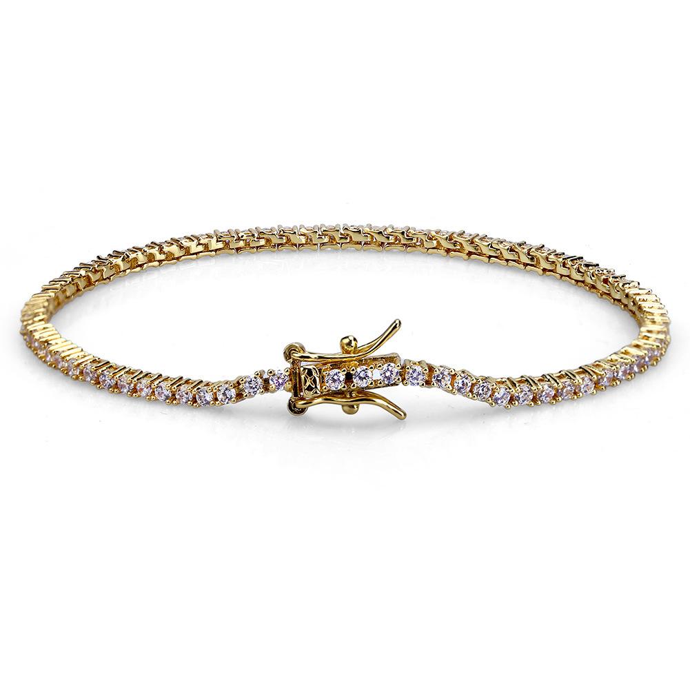 Men's iced out tennis bracelet featuring cubic zirconia stones and 18k gold silver plating, showcasing a stylish hip hop design.