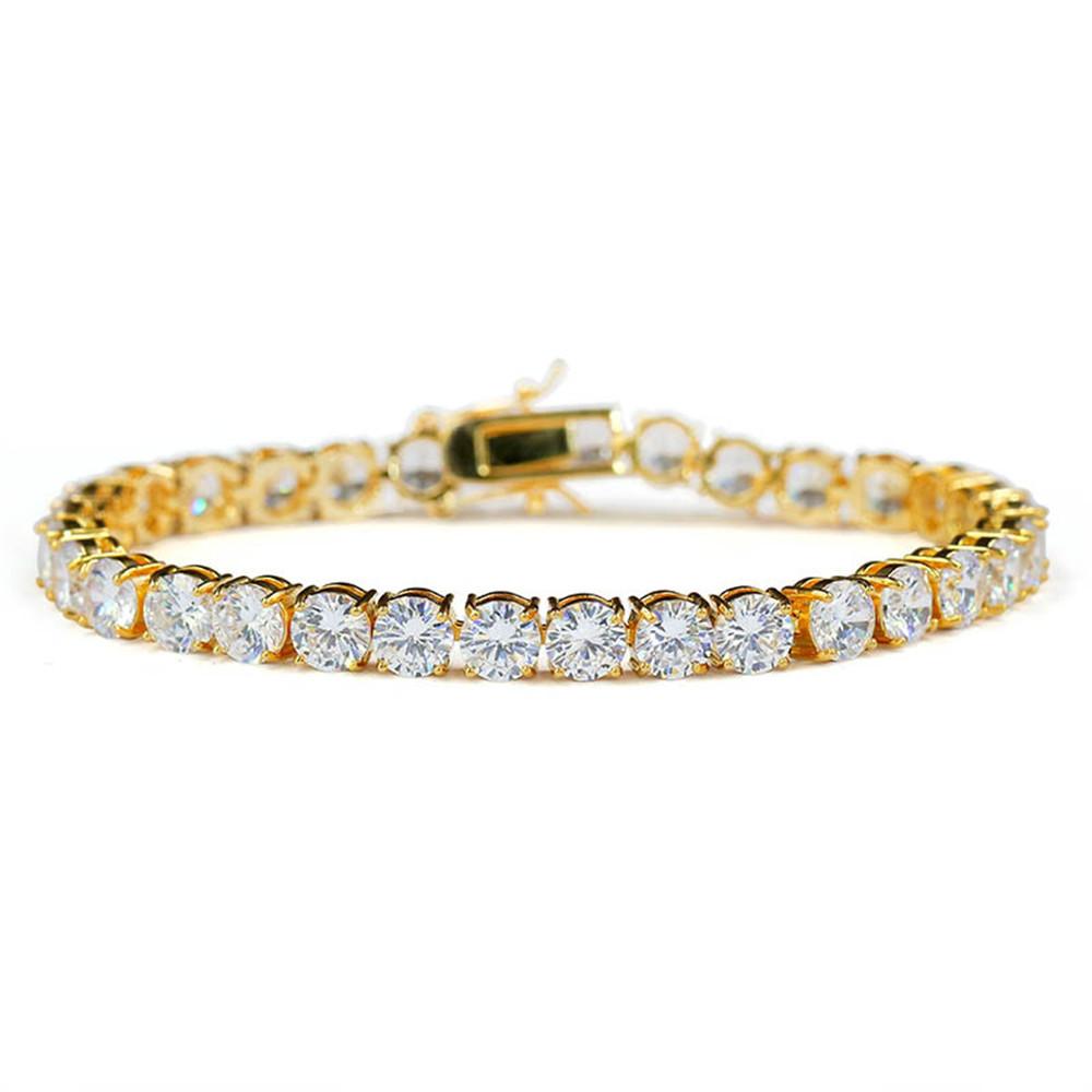 Men's iced out tennis bracelet featuring cubic zirconia stones and 18k gold silver plating, showcasing a stylish hip hop design.