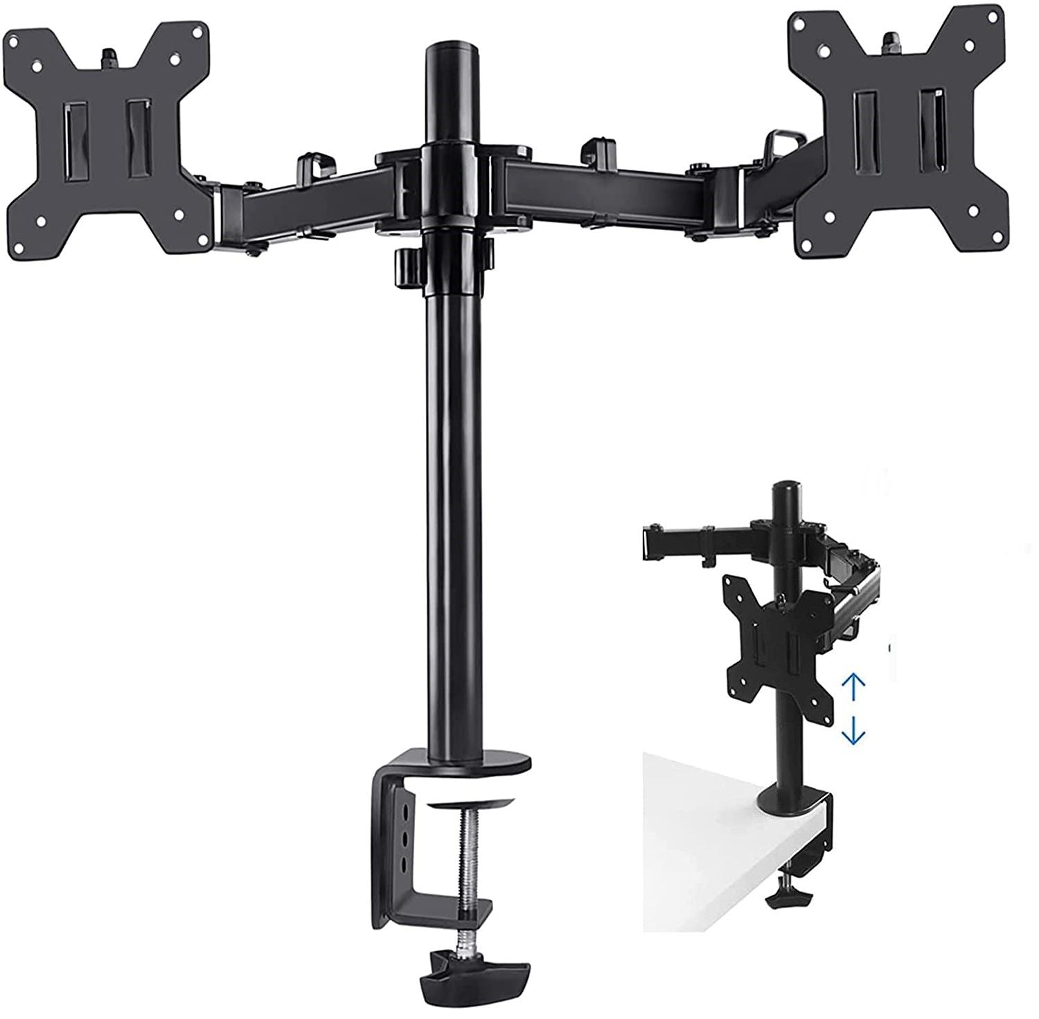 360 Degree Rotation Dual LCD LED Monitor Desk Mount Stand with two screens mounted, showcasing full motion flexibility and cable management.