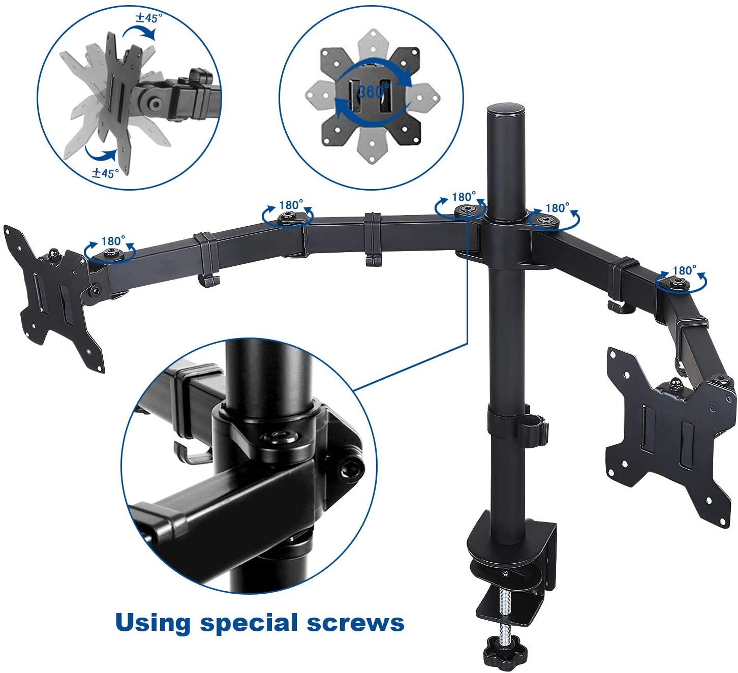 360 Degree Rotation Dual LCD LED Monitor Desk Mount Stand with two screens mounted, showcasing full motion flexibility and cable management.