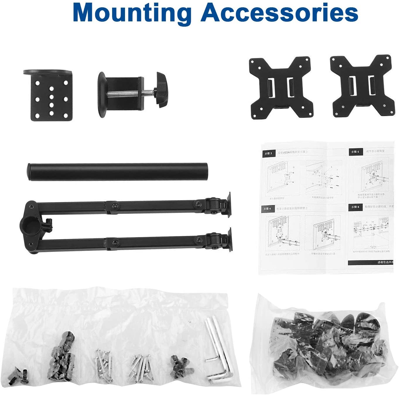 360 Degree Rotation Dual LCD LED Monitor Desk Mount Stand with two screens mounted, showcasing full motion flexibility and cable management.