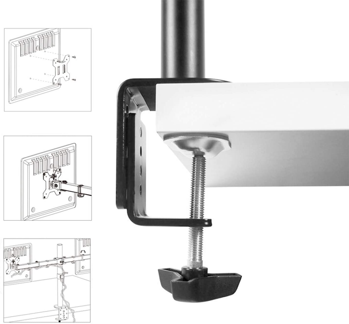 360 Degree Rotation Dual LCD LED Monitor Desk Mount Stand with two screens mounted, showcasing full motion flexibility and cable management.