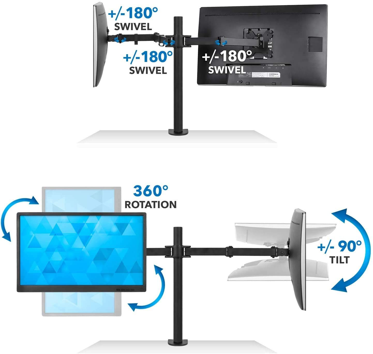 360 Degree Rotation Dual LCD LED Monitor Desk Mount Stand with two screens mounted, showcasing full motion flexibility and cable management.