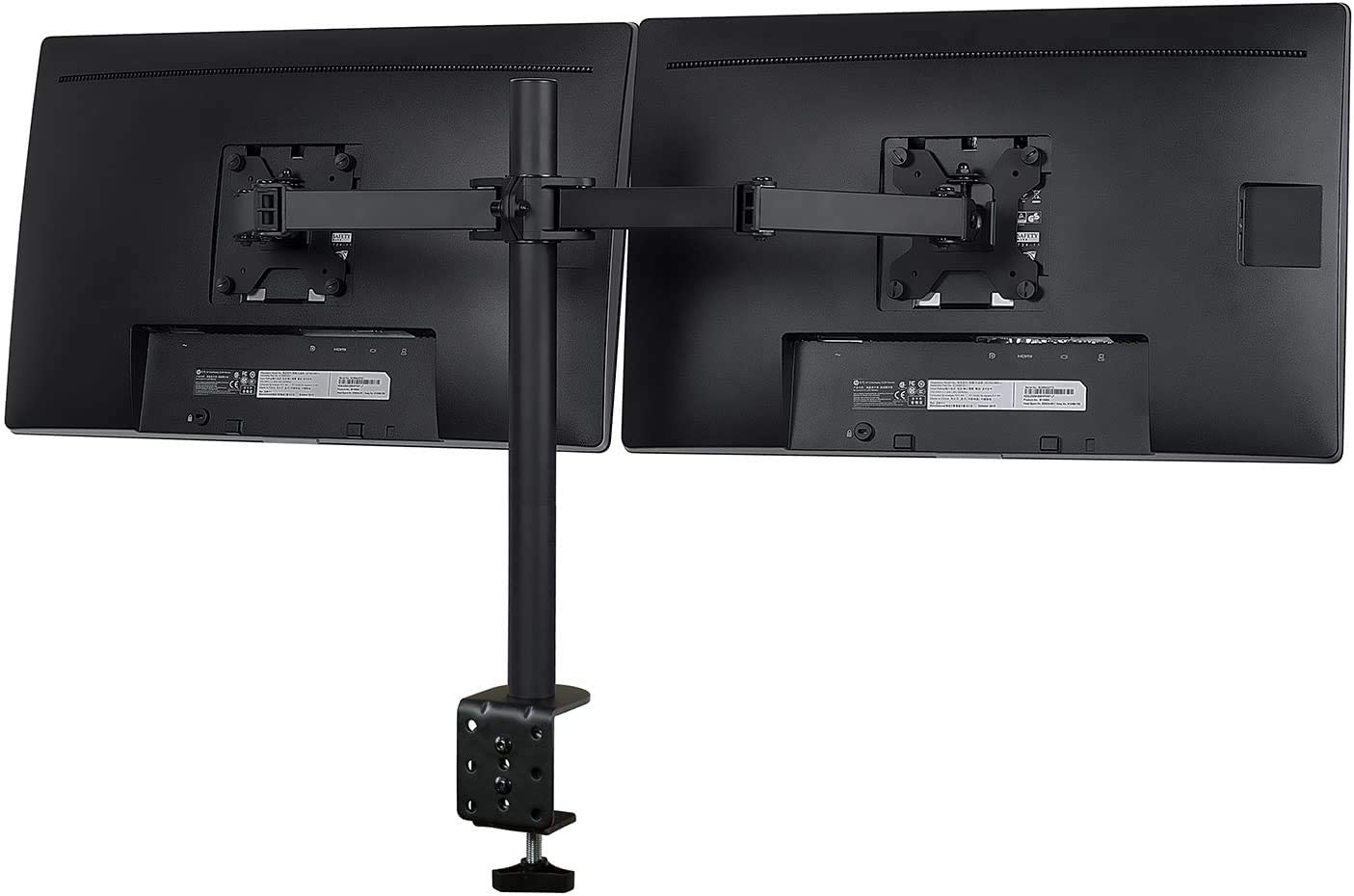 360 Degree Rotation Dual LCD LED Monitor Desk Mount Stand with two screens mounted, showcasing full motion flexibility and cable management.