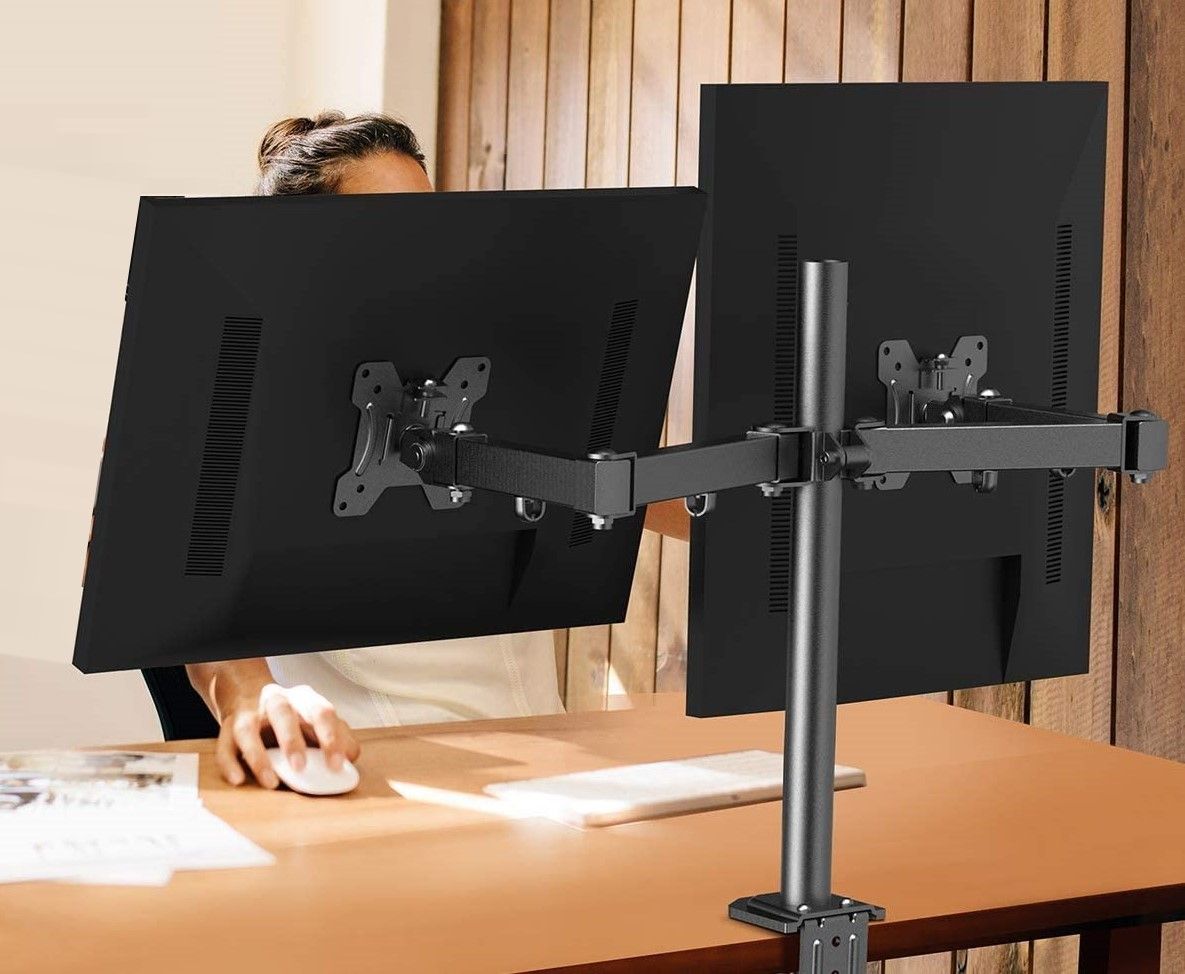 360 Degree Rotation Dual LCD LED Monitor Desk Mount Stand with two screens mounted, showcasing full motion flexibility and cable management.