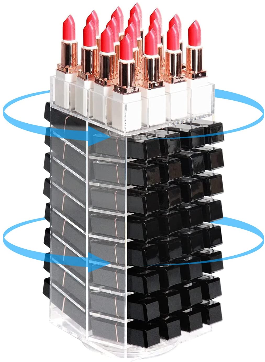 360 Rotating Lipstick Clear Acrylic Display Rack with 80 compartments, showcasing a stylish and organized lipstick collection.