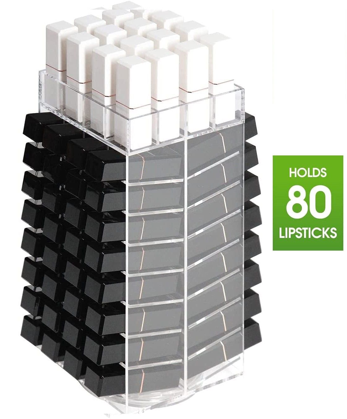 360 Rotating Lipstick Clear Acrylic Display Rack with 80 compartments, showcasing a stylish and organized lipstick collection.