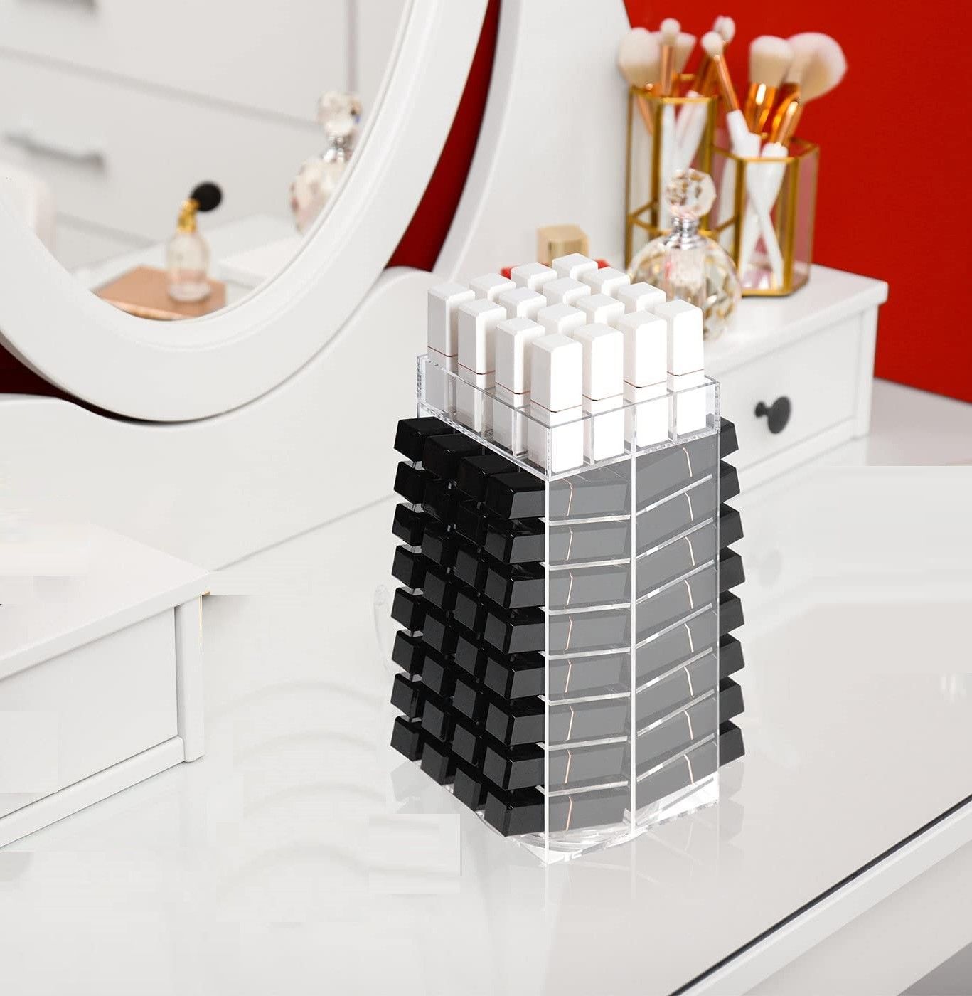 360 Rotating Lipstick Clear Acrylic Display Rack with 80 compartments, showcasing a stylish and organized lipstick collection.