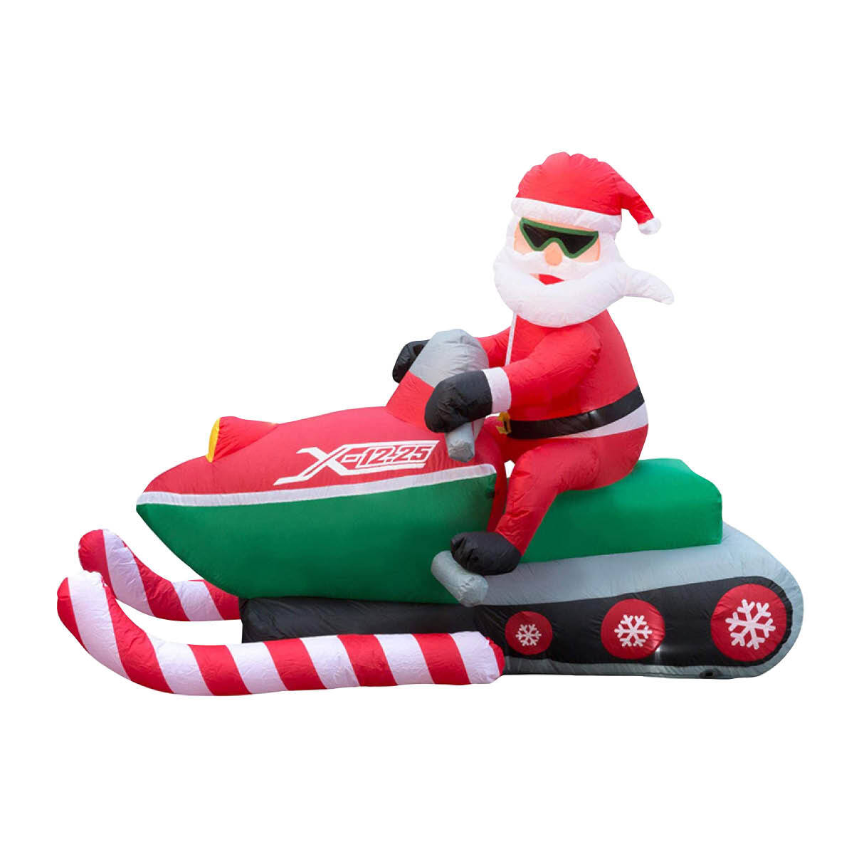 A large inflatable Santa Claus riding a jet ski, illuminated with bright LED lights, set up outdoors for Christmas decoration.